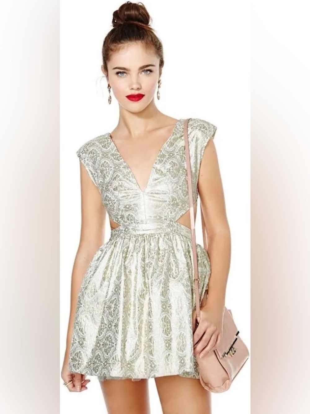 Mustard Seed Dress Womens M Ivory Gold Foil Brocade Fit & Flare Mini